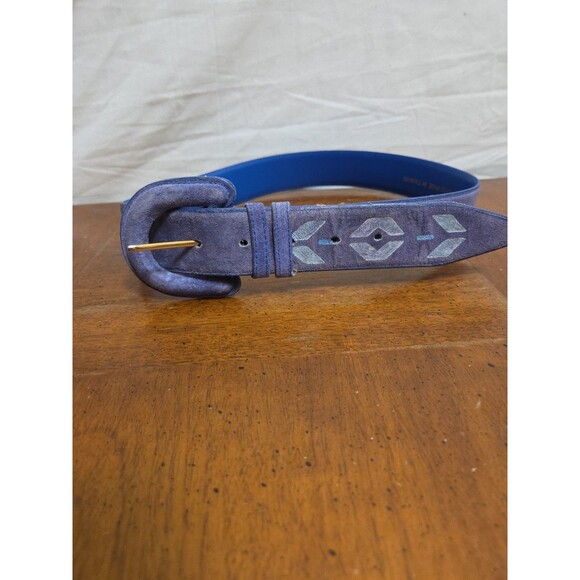HONORS Accessories Accessories - Honors Accessories Blue Suede Belt Size Medium Large Geometric Print 1980s 1990s